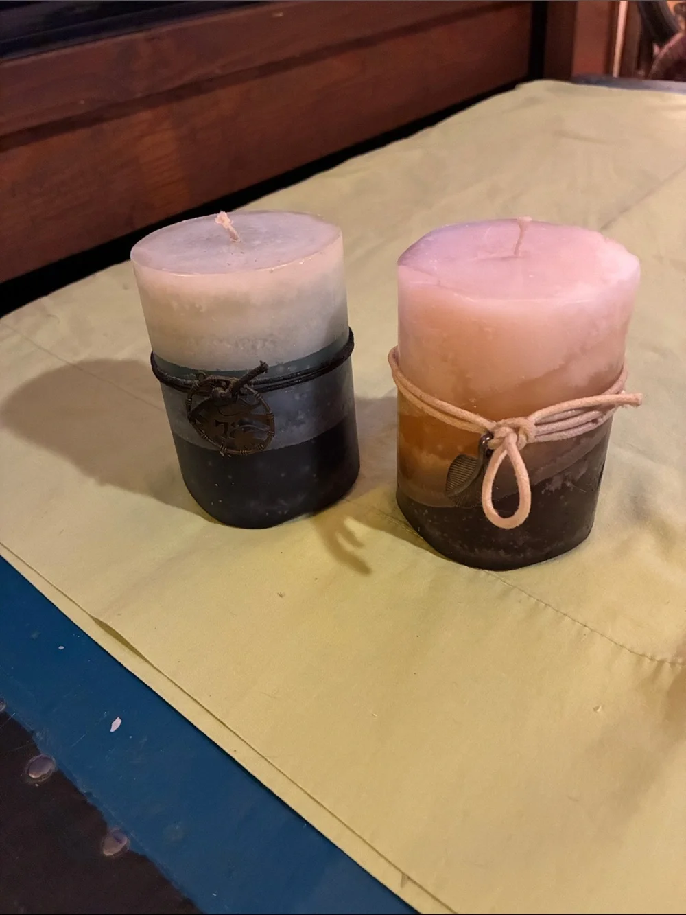 Set of Two Two-Tone Decorative Pillar Candles in Blue & Brown.